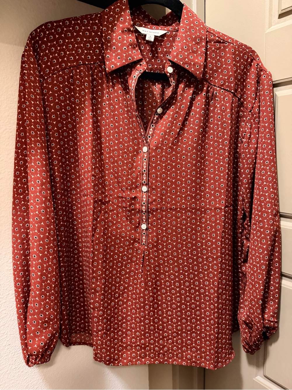 Max Studio Rust Red / Burn Orange Micro Geometric Button-Front Shirt